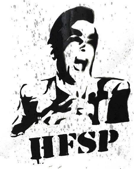 Gritty Banksy-style urban graffiti graphic with ironic text 'HFSP' (have fun staying poor)