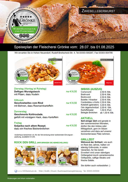 Speiseplan der Fleischerei & Partyservice Grönke