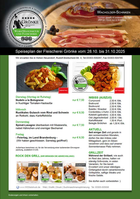 Speiseplan der Fleischerei & Partyservice Grönke