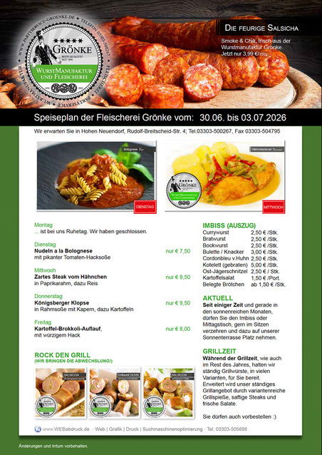 Speiseplan der Fleischerei & Partyservice Grönke