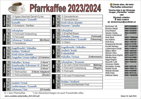 Liste mit der Pfarrkaffee Diensteinteilung 2022/2023 (Stand 28.Mai 2023).