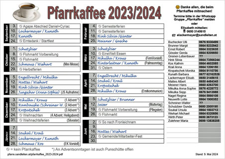 Liste mit der Pfarrkaffee Diensteinteilung 2023/2024 (Stand 24. April 2024).