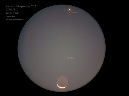 Venus, la Luna y Régulo en afocal. Teléfono y Vixen 12x80