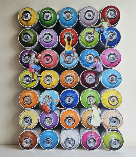 painting, peinture contemporaine, fun, couleurs, bombes spray, kids, j'peux pas j'ai escalade