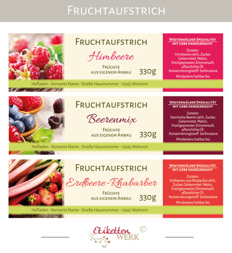 Fruchtaufstrichetiketten, Etiketten, Marmelade, Konfitüre, Fruchtaufstrich, Gelee, Aufkleber