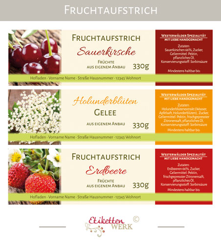 Fruchtaufstrichetiketten, Etiketten, Marmelade, Konfitüre, Fruchtaufstrich, Gelee, Aufkleber