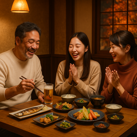 Japanese family enjoying grilled sanma and seasonal foods at a cozy izakaya in autumn, warm lighting, rustic atmosphere.