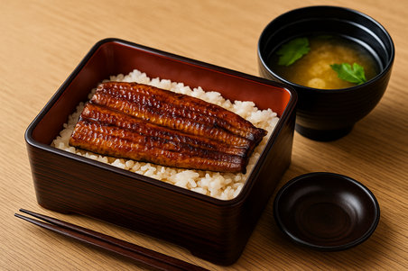 Unagi kabayaki (grilled eel) on rice in a lacquered bento box, served with miso soup.