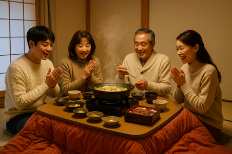 Japanese family gathered around a steaming nabe hotpot in winter, sitting by a kotatsu, cozy home atmosphere.