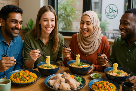 Foreign travelers in Tokyo enjoying vegetarian and halal-friendly meals, colorful Indian-style vegetarian curry, halal ramen bowls, diverse group of people dining happily together.