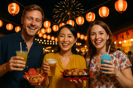 Tourists enjoying Japanese summer festival at night, holding takoyaki and cold drinks, lanterns and fireworks in the background.