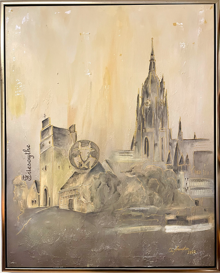 "Mein Friesoythe - Frankfurt a. Main", Acryl- Mischtechnik - gemalt mit Wasser aus der Soeste und dem Main, 200 x 80cm, 2022