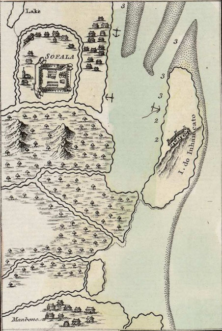 This map shows the mentioned village between the Fort and the sea as well as the sand-banks mentioned by Ibn Majid (1470).