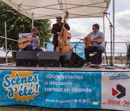 Swing Home Trio, Bruno Debord, Ugo Leduc, Olivier Cherbit au Festival JAZZ360 2019, Camblanes-et-Meynac, samedi 8 juin 2019