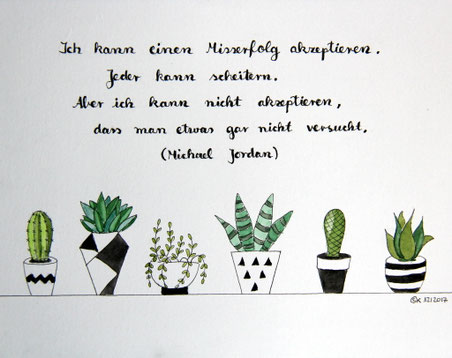 Illustrierter Spruchkalender: oben ein Zitat, unterhalb kleine Sukkulenten in grafisch gestalteten Töpfen