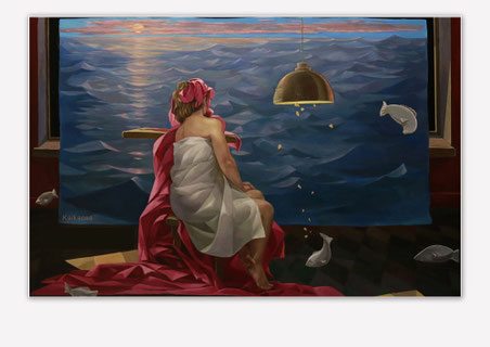 „Between Sea and Twilight“ (Öl auf Leinwand, 110 × 150 cm) von Kaikaoss zeigt eine junge Frau im weißen Kleid vor einem Fenster zum Meer in der Dämmerung. 