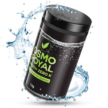 Zeigt das Osmo Royal GH/KH+ Zero K Salz in der 1 kg Dose mit Wasser drum herum.