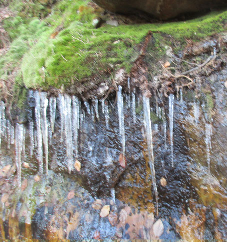 stalactites de la source et mosaïque de couleurs sur le rocher