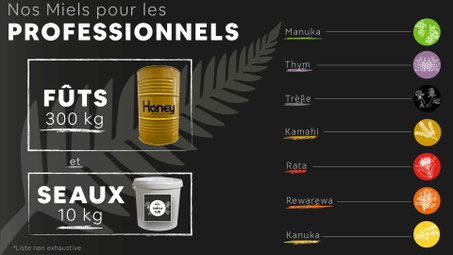 Miels de Nouvelle-Zélande pour les professionnels fûts de 300kg et seaux de 10kg Puri New Zealand Manuka, Thym, Trèfle, Kamahi, Rata, Rewarewa, Kanuka