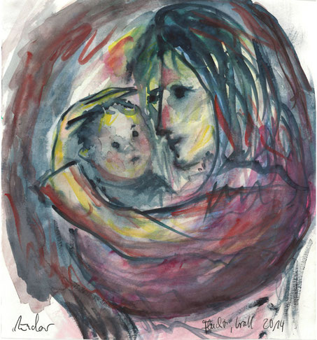 Flucht, Irak, Mutter mit Kind, Aquarell, 2014