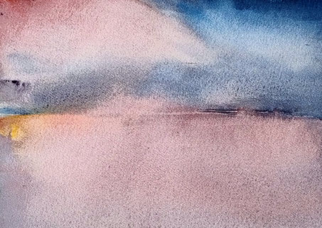 Twilight, aquarelle and drop aquarelle on aquarelle paper, 12.5 x 18 cm, by Mamiko Nagatomo