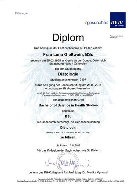 Diplom "Bachelor of Science in Health Studies" 