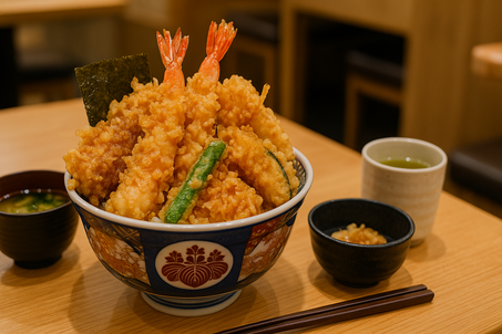 A delicious Japanese tempura rice bowl (tendon) with shrimp and vegetables served with miso soup, chopsticks, and tea in a casual Tokyo restaurant setting.