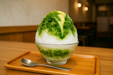 Close-up of kakigori shaved ice with matcha syrup and condensed milk in a Japanese café.