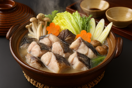 Traditional Japanese fugu hotpot (tecchiri) with pufferfish pieces, tofu, vegetables, and mushrooms boiling in a clay pot, steam rising, cozy winter dining atmosphere.