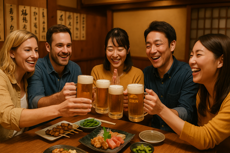 Foreign tourists raising glasses for a toast at a lively Japanese izakaya.