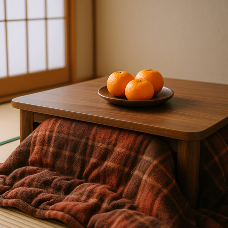 Mikan oranges on a low table with a kotatsu blanket, winter home scene.