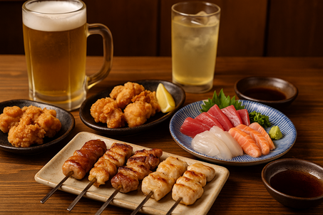 Close-up of Japanese izakaya counter food: yakitori skewers, fried chicken karaage, sashimi platter, and drinks on wooden table, cozy pub setting.