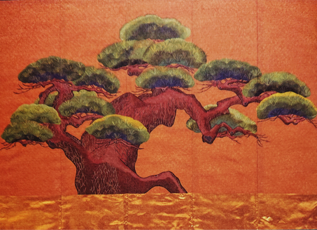 「繍 鏡板　老松文様 金茶地」力強くて太い松が描かれています