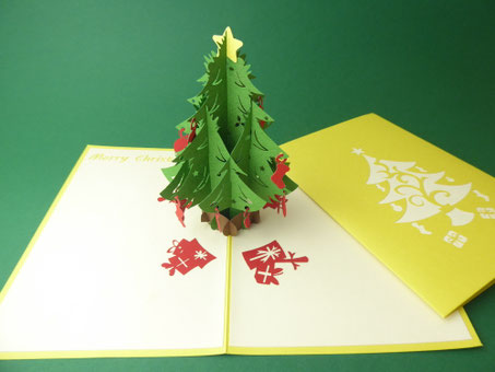 carte pop-up Sapin de noël vert décoré de suspensions rouge avec couverture dorée