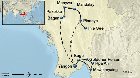 ausführliche Rundreise Myanmar in kleiner Gruppe max 12 Gäste deutschsprechende Reiseleitung vor Ort sowie alle Transfer inclusive Stadtrundfahrten, Spaziergänge, Besichtigungen mit Eintrittsgeldern 