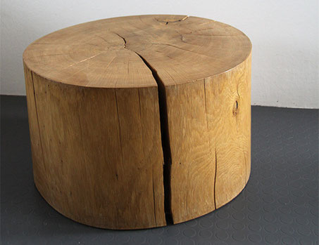 Hocker, Holz, Baumstamm, geschliffen, geölt, Eichenholz, Stuttgart, Tilmann Bohne, Holzsteinpapier