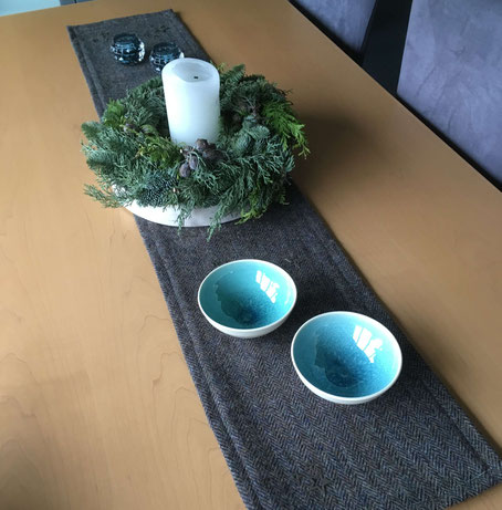 Table runner made of Harris Tweed and bowls purchased at Crail Pottery