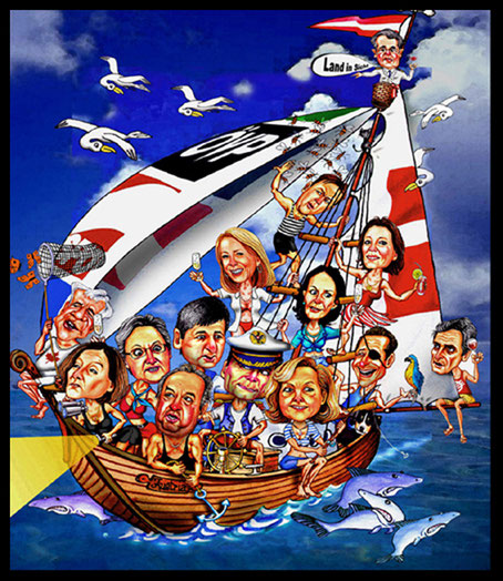 Karikaturen zeichnen lassen, österreichische Politiker auf einem Windjammer.