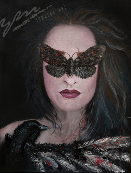 selfportrait, Selbstporträt yvmalou, Yvonne Wegemund, acrylpainting with a woman and a raven on canvas