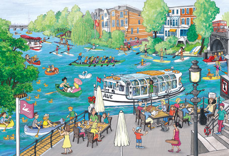 Hamburg, Alsterkanäle © Wolfgang Slawski, www.amarillu-design.de - Dieses lustige Wimmelbild zeigt den Blick auf die Hamburger Alsterkanäle an der Mühlenkampbrücke. Viele fröhliche Menschen genießen den Sommer in Booten auf dem Wasser und am Ufer.