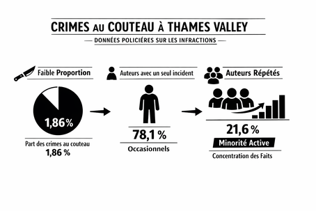 Tableau des données policières sur les crimes au couteau à Thames Valley, montrant la faible part des infractions et la concentration de la récidive