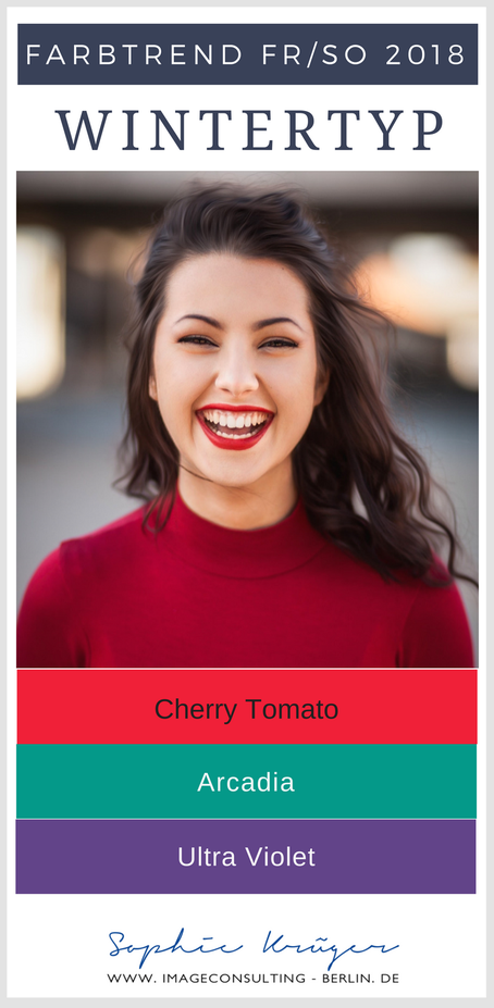 Die Frühlings-Farbtrends 2018 für den Wintertyp sind: Ultra Violett, Cherry Tomato, Arcadia, Spring Crocus und Meadowlark