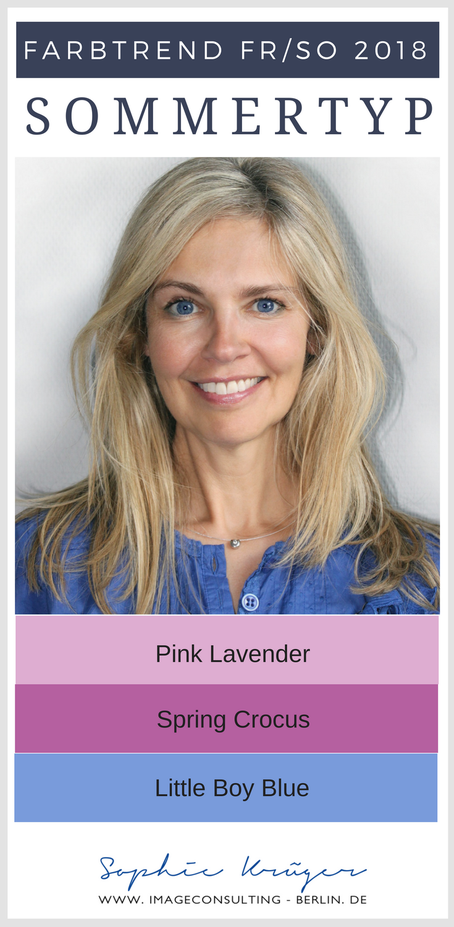 Die Frühlings-Farbtrends 2018 für den Sommertyp sind: Spring Crocus, Pink Lavender, Almost Mauve & Little Boy Blue,