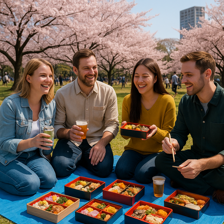 Japanese hanami picnic under cherry blossom trees with bento boxes and drinks.