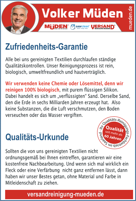 Versandreinigung-mueden.de, Qualitätsurkunde, Zufriedenheitsgarantie