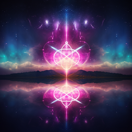 Ein spährisches Bild von einem geometrischen mystischen Symbol bestehend aus kreisen und Strichen, leuchtend in den Farben violett, gelb, über einem See, hinten sind gespiegelte berge und der Nachthimmel