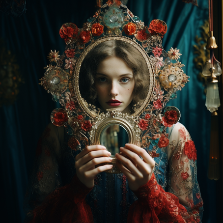 Eine junge Frau betrachtet sich selbst in einem verzierten Spiegel im Stil von dunklem Aquamarin und Rot, Weichzeichnungsporträts, Fairycore, Ästhetik des Goldenen Zeitalters, Assemblage-Stücke, fotorealistische Porträts, detaillierte Kostüme