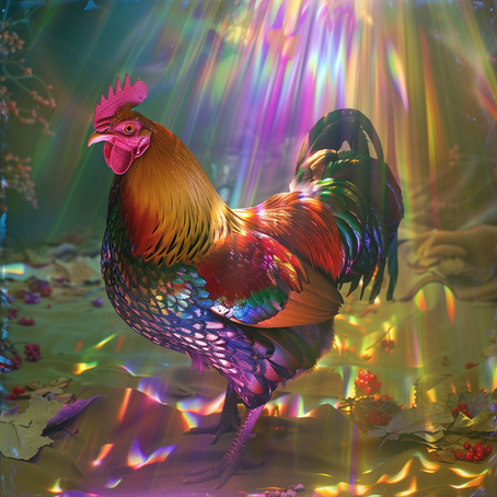 Ein schönes farbiges Huhn steht seitlich auf einem Sandboden, von oben fällt ein engelhafter farbiger schein auf ihn, in den farben magenta, cyan und grün