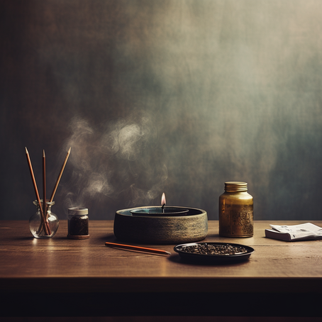 Ein Holztisch vor einer grauen Wand auf dem eine Kerze Schreibutensilien Papier und Glasgefässe stehen