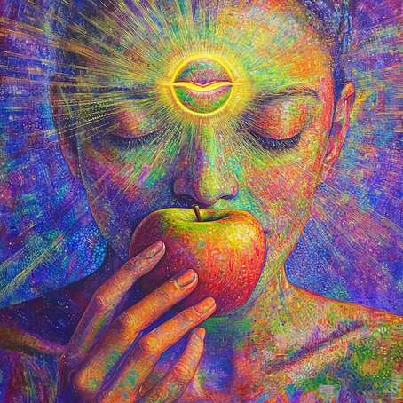Eine Person, die mit offenem dritten Auge einen Apfel isst und Licht und Regenbogenfarben um sich herum ausstrahlt; ein lebendiger Hintergrund, gefüllt mit verschiedenen Energiewellen; sanftes natürliches Licht; surrealistischer Malstil mit Elementen visi